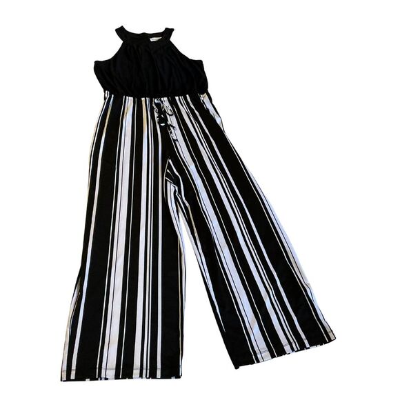 Halter Top Jumpsuit XL Christmas Outfit Wide Leg Romper  Black and White Stripes - Picture 8 of 10
